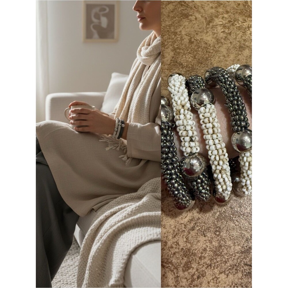 Black & White Seed Bead Coil Wrap Bracelet Statement Cuff Stretch Bracelet